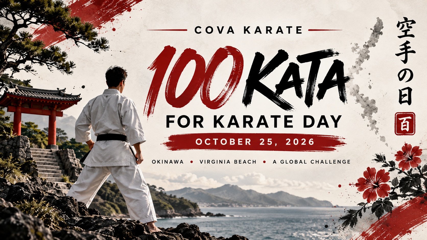 100 Kata for Karate Day 2026 promotional image for CoVA Karate in Virginia Beach featuring Okinawan karate imagery and a karate practitioner