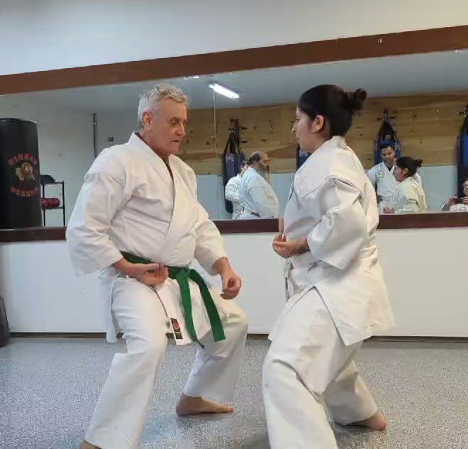 Adult students practicing Okinawan karate at CoVA Karate in Virginia Beach